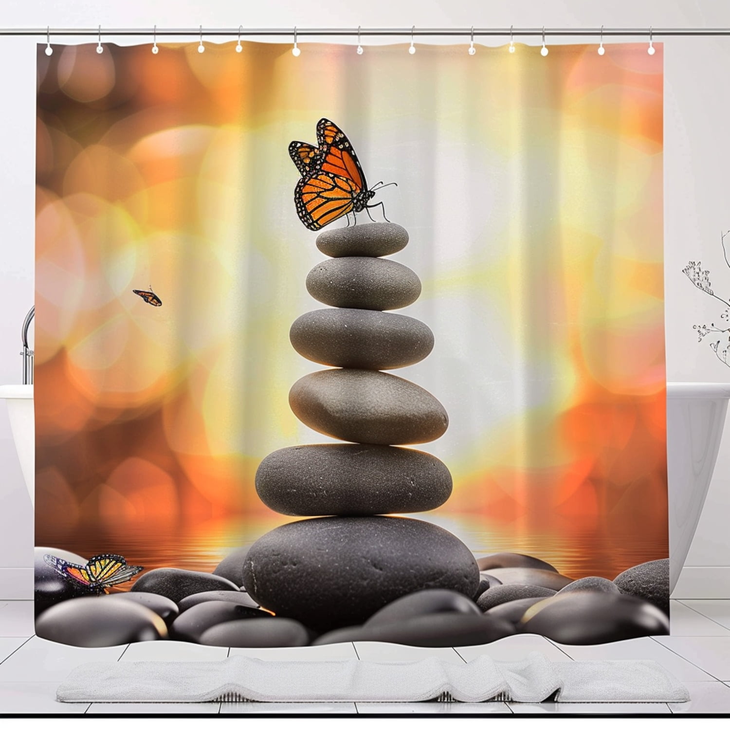 Zen Style Butterfly and Stone Sunrise Shower Curtain Nature Inspired ...