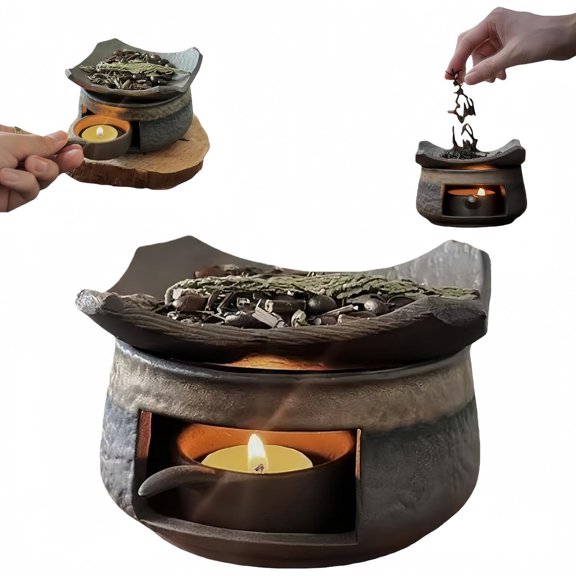 Zen-Style Handcrafted Ceramic Oil Burner, Tea Light Wax Melt Warmer, Herb Burner, 4-in-1 Home Fragrance Solution for Aromatherapy, Relaxation, Meditation, Desk Decor