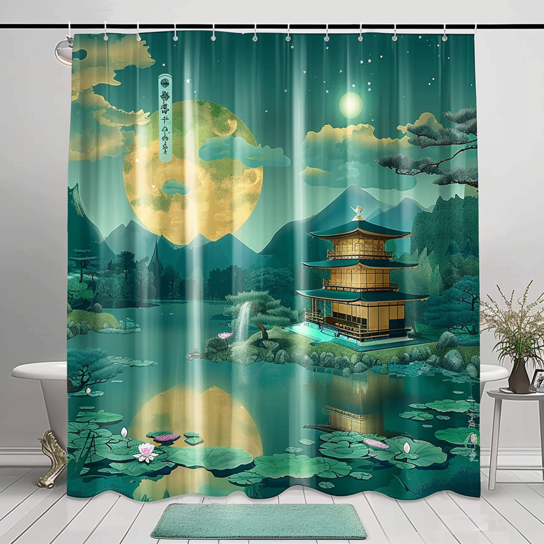 Zen Temple Moonlight Lotus Pond Bathroom Curtain Japanese Shin hanga ...
