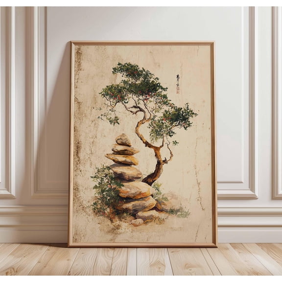 Zen Tree and Stone Stack Poster, Japanese Ink Style Wall Art, Minimal Nature Print, Tranquil Bonsai Decor, Asian Landscape Artwork