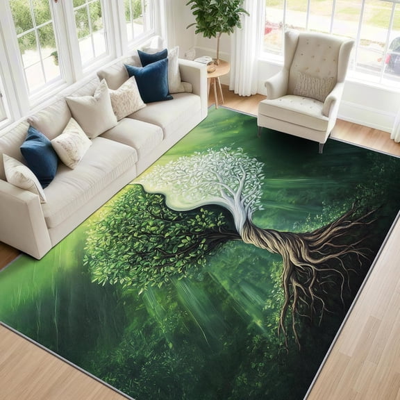 Zen Tree of Life Area Rugs, Meditation Nature Pattern Carpet, Washable Non Slip Low Pile Soft Rug for Living Room Bedroom Decor Mat 5x8ft