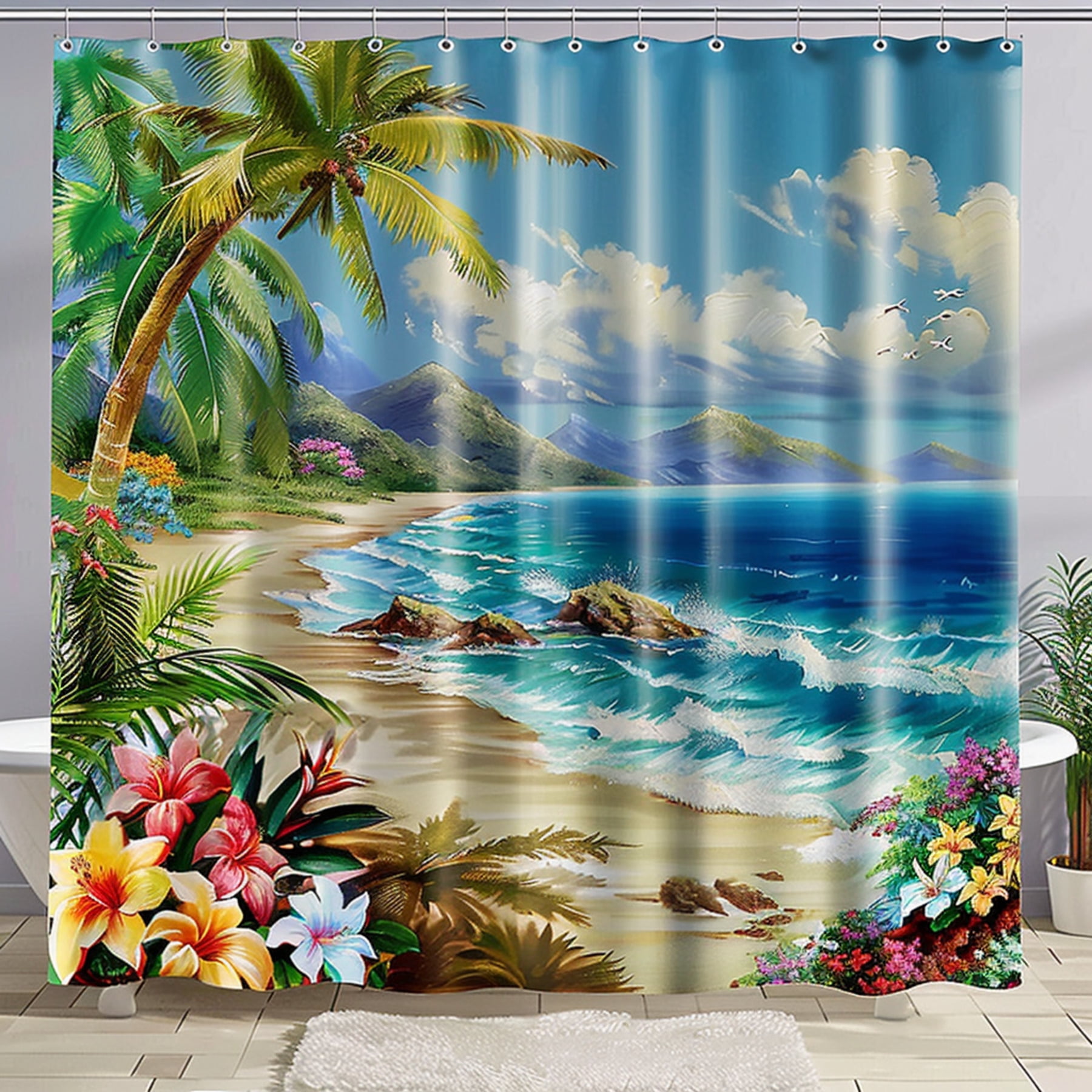 Zen Tropical Beach Shower Curtain with Palm Trees and Flowers Relaxing ...