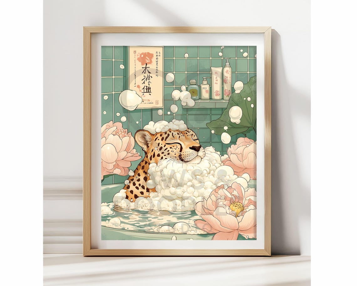 Zen Wall Art Cheetah In Bathtub Poster Japandi Animal Bathroom Decor ...