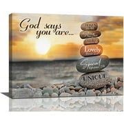 Zen Wall Art Christian Bible Verse Canvas Prints Religious Scriptures Pictures Wall Decor Beach Sunset Stone Meditation Painting Modern Artwork Home Decoration Bathroom Bedroom Spa Room 16"x12"