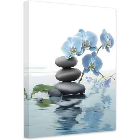 Zen Wall Art Spa Stone and Elegant Blue Orchid Flower on the Water Picture Canvas Prints Artwork Relax Zen Spa Meditation Room Decor (12x18inch)