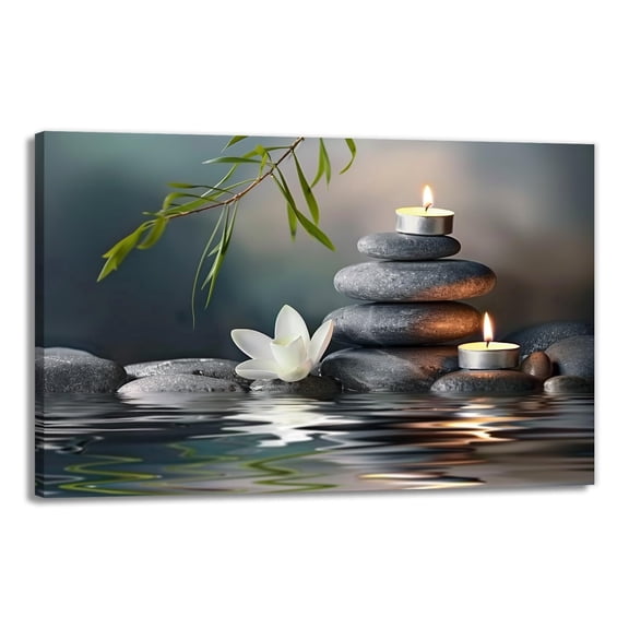 Zen Wall Art White Lotus Flower And Stone Stack In Water Painting Spa Themed Canvas Print Serene Candle Still Life Poster for Bedroom Meditation Room Unframed12x18inch(30x45cm)