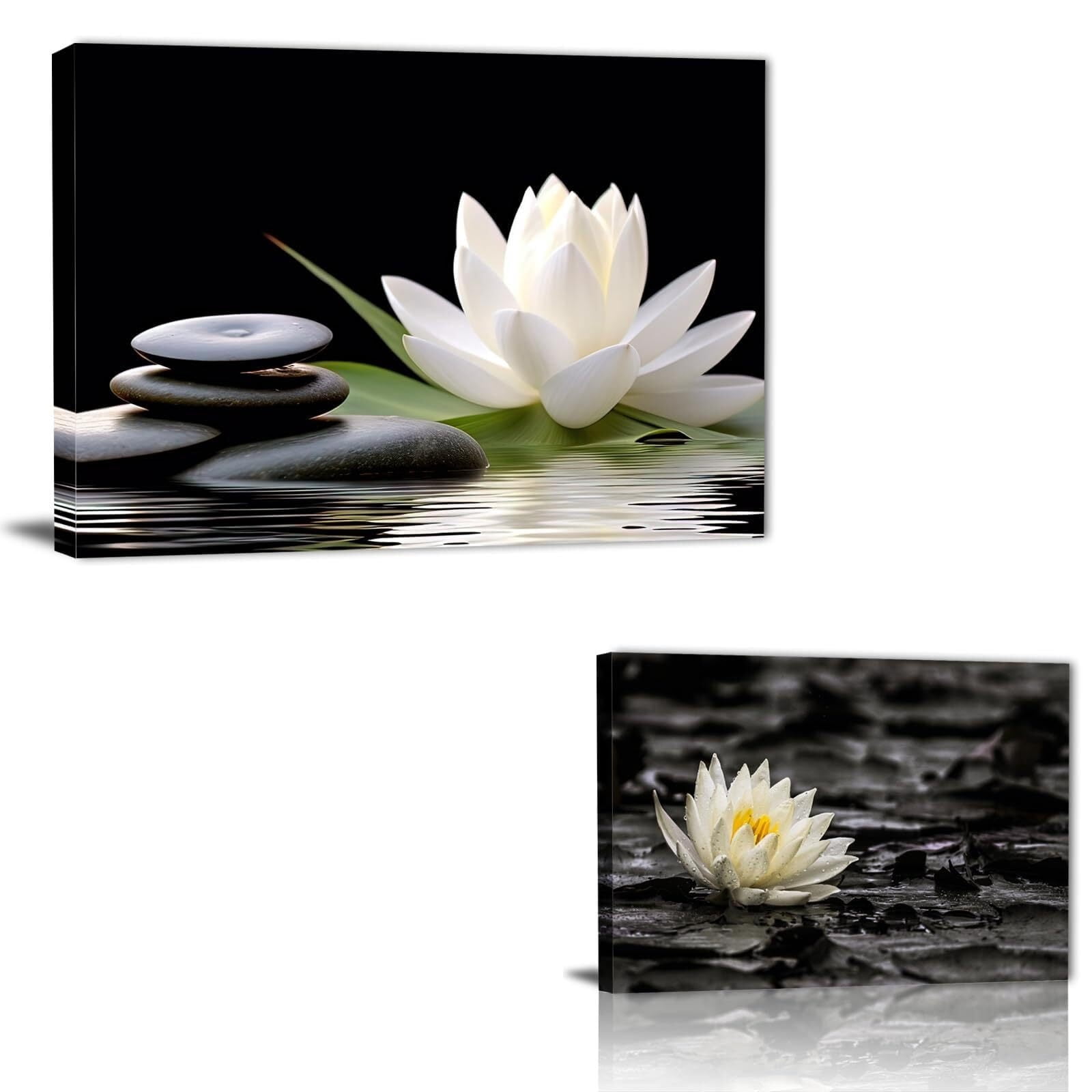 Zen Wall Art poster White Lotus Bloom in Water with Spa Stone,Black and ...
