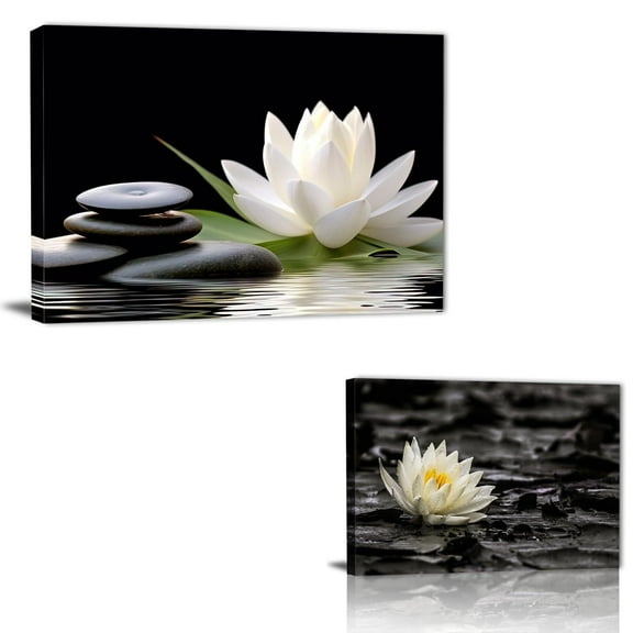 Zen Wall Art poster White Lotus Bloom in Water with Spa Stone,Black and White Bathroom Canvas Wall Art,Zen Spiritual Decor for Yoga Meditation Room Living Room poster