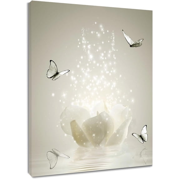 Zen Water Lily Canvas Wall Art Flower and Butterfly Relaxing Scenery on Grey Wall Art for Living Room Bathroom Bedroom Spiritual Yoga Picture Wall Decor Framed Wall Art,12x16 Inches
