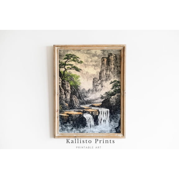 Zen Waterfall Landscape Print Poster Wall Art Chinese Ink , Tranquil Mountain Decor for Meditation 1201, Size 16x24 UNFFRAMED F03.1.6l2467