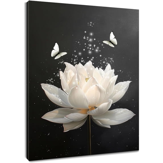 Zen White Floral Wall Art for Bathroom Flower and Butterfly on Black Canvas Wall Art Modern Framed Wall Art Yoga Spa Spiritual Wall Art Paintings for Living Room Bedroom Decor,16L X 12W inches