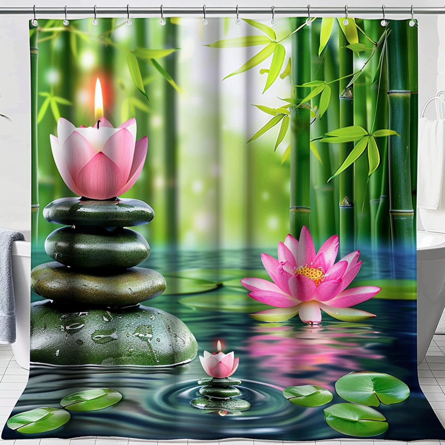 Zen-inspired Bamboo and Pink Lotus Shower Curtain Set with Candle and ...