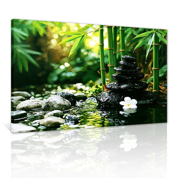 Zen-inspired relaxing canvas art featuring stacked black spa stones and green bamboo; spiritual-style decor and soothing waterscape (framed)—ideal for bathrooms, bedrooms, and yoga studios.