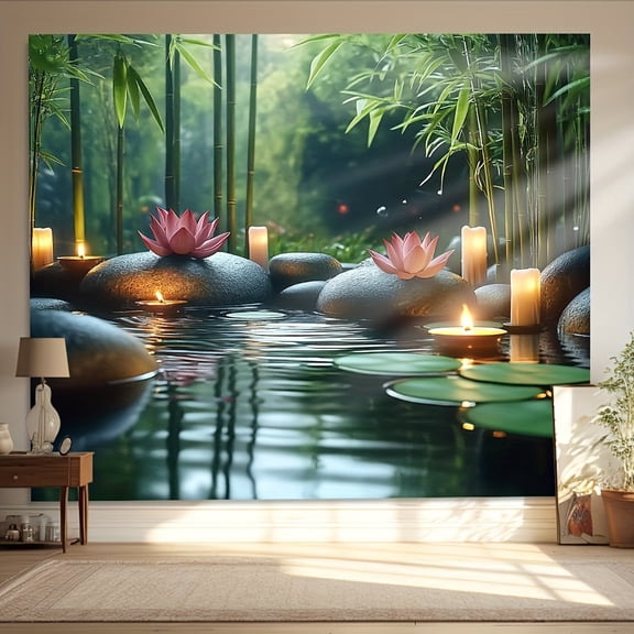 A Zen-inspired tapestry featuring a bamboo forest and water lily theme, crafted from polyester fabric; easy to hang and suitable for decorating dormitories, bedrooms, parties, and outdoor spaces.