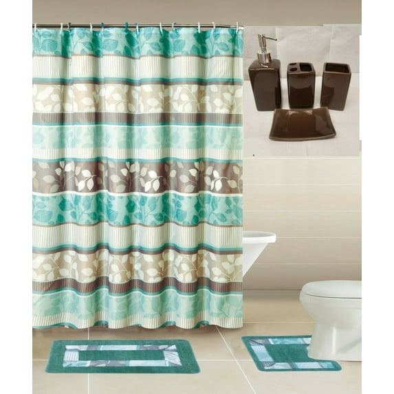 Luxury Bathroom accessories set package includes: 2 rugs mat non slip, 1 shower curtain with 12 hooks and 4 piece ceramic accesories print design zen mint