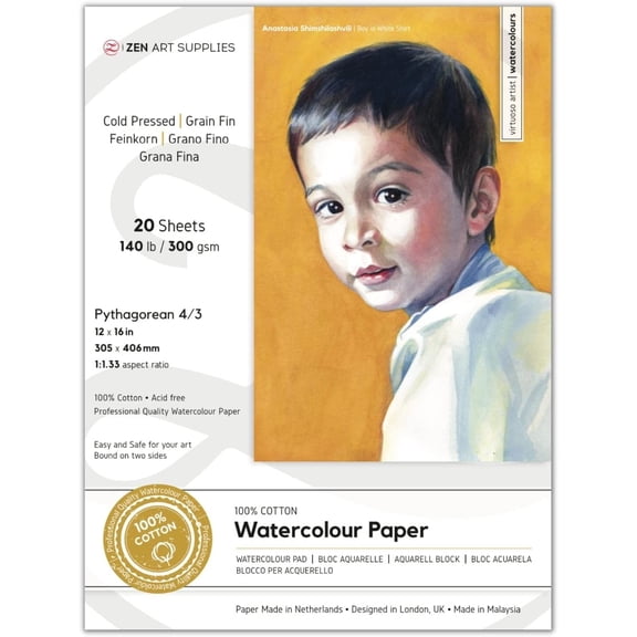 ZenART Cotton Watercolor Paper Block (12x16 Inch) 140lb Cold Press 20Sheets(Thick Acid-Free & Absorbent) 2sided Textured Gummed Professional Art Paper for Painting Drawing-Art Journaling(30x40cm)