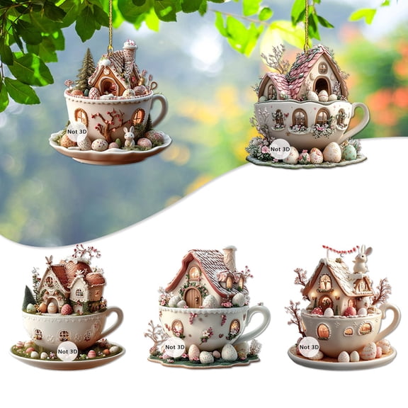 ZenCart 1Pc/5Pcs Easter Coffee Cup House Ornaments Chocolate Mug Bunny House Pendant 2D Acrylic Hot Cocoa Mug Spring Ornament for Holiday Home Decor