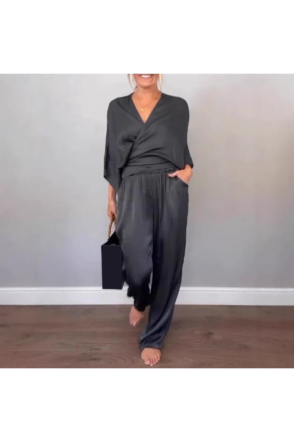 2 Pcs/Set Women Top Pants Suit V Neck Long Sleeves Cross Blouse High Waist Pleated Wide Leg Trousers Formal Commuting Outfit for Spring Summer