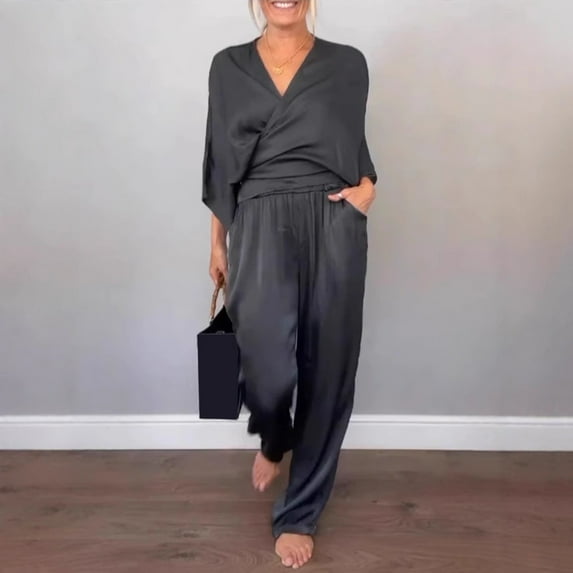 ZenCart 2 Pcs/Set Women Top Pants Suit V Neck Long Sleeves Cross Blouse High Waist Pleated Wide Leg Trousers Formal Commuting Outfit for Spring Summer