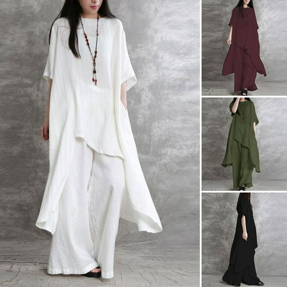 ZenCart 2Pcs/Set Cotton Linen Tops Pants Set O-neck Half Sleeve Irregular Hem Tops High Waist Long Pants Set Solid Color Casual Outfit