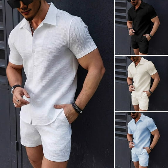 ZenCart 2Pcs/Set Men Outfit Lapel Short Sleeve Shirt Tops Elastic Drawstring Waist Pockets Shorts Set Solid Color Beach Outfit