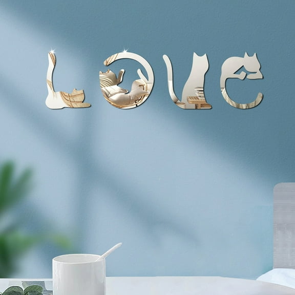 ZenCart 4 Pcs Love Cat Letters Stickers Peel And Stick Mirror Cat Wall Sticker Self-Adhesive Acrylic Mirror Wall Art Decal for Living Room Bedroom Nursery