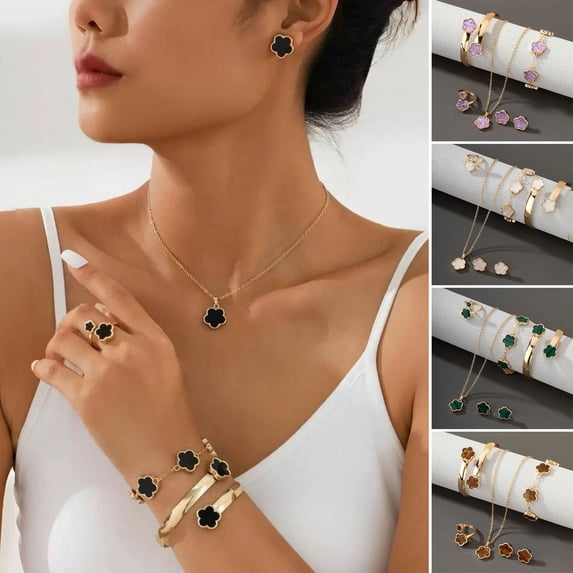 ZenCart 5Pcs/Set Women Jewelry Set Lucky Flower Decor Sparkling Rhinestones Necklace Bracelet Bangle Earrings Ring Set Fashion Jewelry