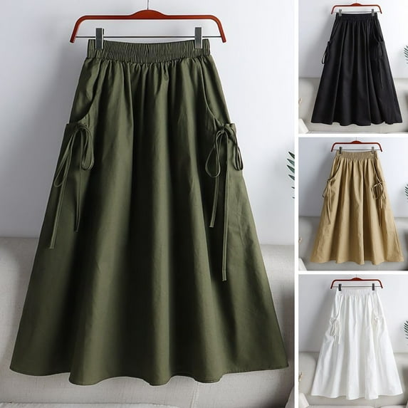 ZenCart Cargo Skirt with Elastic Waist Side Pockets Solid Color A-Line Loose Fit Midi Skirt Workwear Style Drawstring Skirt