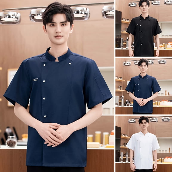 ZenCart Chef Clothes Stand Collar Short Sleeve Single-Breasted Men Women Chef Uniform Breathable Solid Color Design Chef Suit