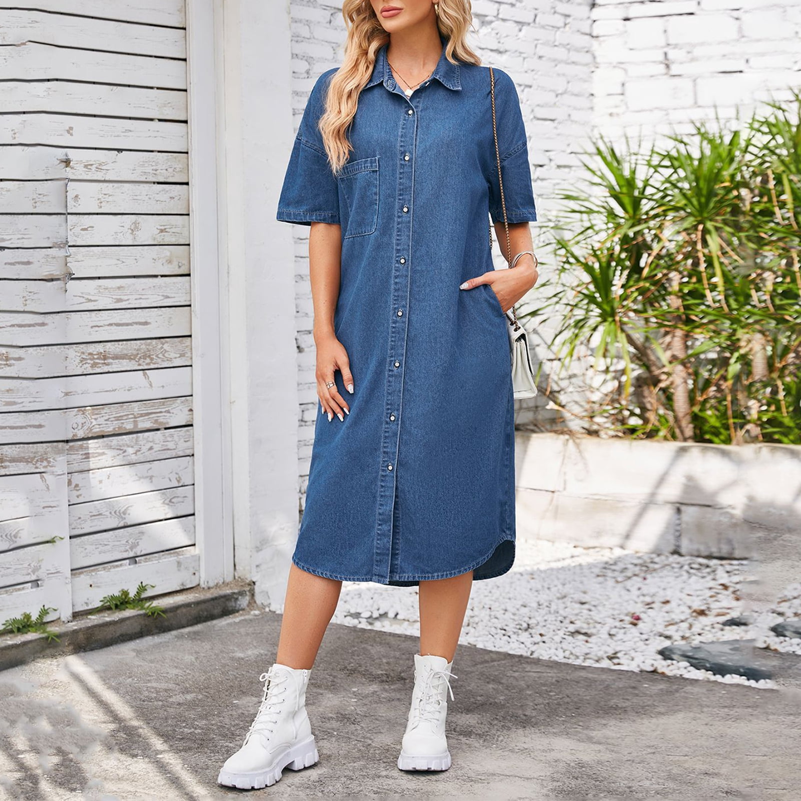 short sleeve midi denim dress women Women's The Right Impression Medium Wash Cotton Denim Midi Dress | Size: L