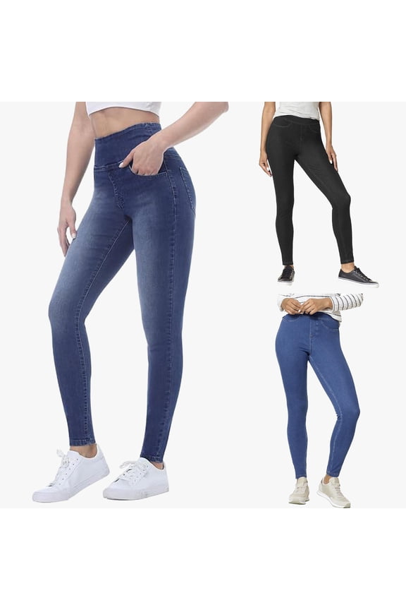 High-Waist Denim Pants with Pockets Elastic Waistband Slim Fit Long Trousers Solid Color Women Skinny Jeans