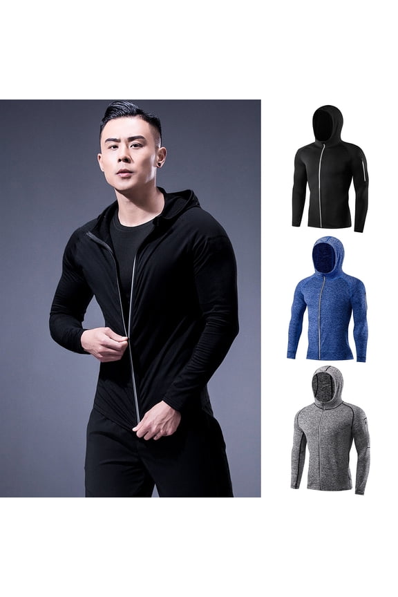 Men Full Zip Hoodie Quick-Dry Sweatshirt with Reflective Strip Zipper Sports Jacket Hoodie for Running Fitness Golfing