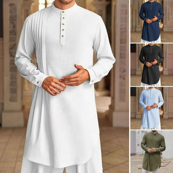 ZenCart Men's Cotton Linen Kaftan Long Sleeve O-Neck Robe Solid Color Button-up Collar Thobe Breathable Arabic Clothing for Prayers Casual Wear