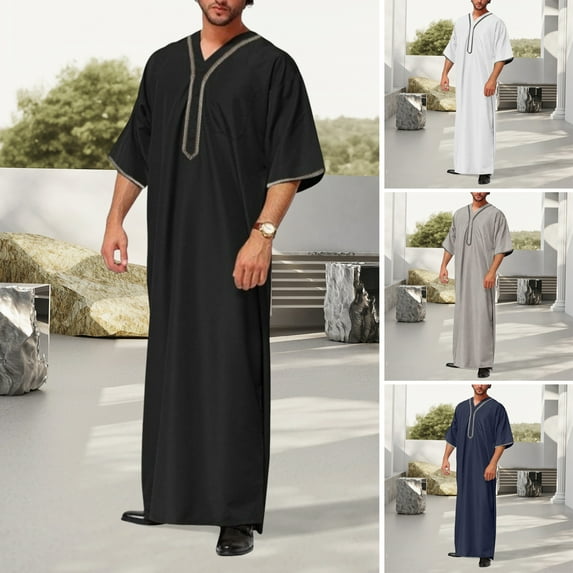 ZenCart Men's Kaftan Robe Solid Color Mid-Sleeved Long Thobe V-Neck Abaya Prayer Clothing Ihram Robe for Summer Daily Wear