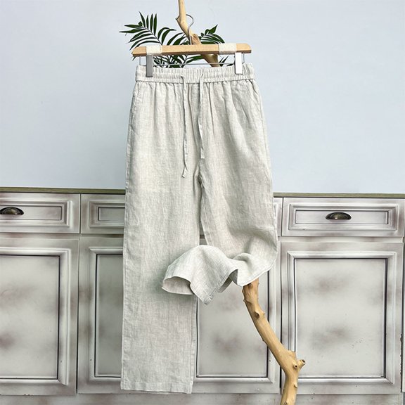 ZenCart Men's Linen Trousers Casual Loose Fit Straight Pants with Drawstring Wide Leg Golf Trousers Summer Wear for Vacation Travel Work Daily Life