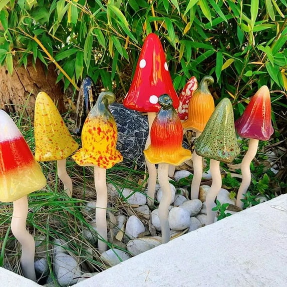 ZenCart Planter Insert Ceramic Mushroom Colorful Glazed Mushroom Decoration Hand-Painted Toadstools Sculptures for Outdoor Fairy Garden Decor
