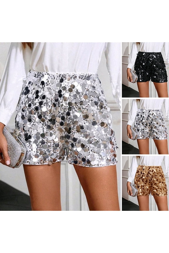 Sequin Shorts for Women Elastic Waist Straight Leg Sparkly Party Mini Shorts High Waist Shiny Nightclub Outfits