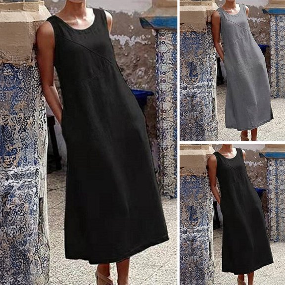 ZenCart Sleeveless Maxi Dress for Women Loose Crew Neck Tank Dress with Pockets Beach Vacation Long Sundress Summer Casual Outfit