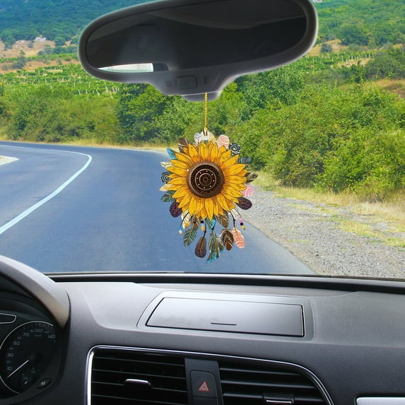 ZenCart Sunflower Car Hanging Ornament Cute Retro Sunflower Car Interior Decoration Multi-Functional Car Rear View Mirror Charm Keychain