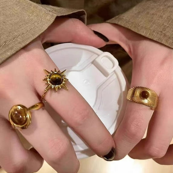 ZenCart Tiger Eye Stone Ring Flower Shape Retro Golden Index Finger Ring Electroplating Geometric Wide Adjustable Opening Ring Adult Club Party Jewelry