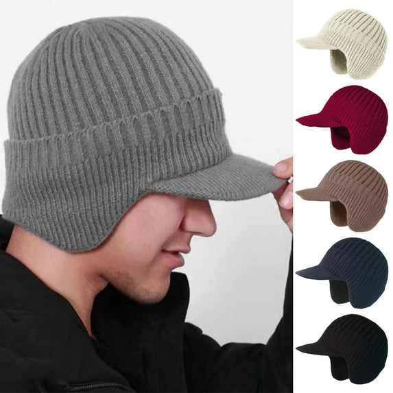 ZenCart Winter Ear Hat with Ear Flaps Knitted Long Brim Keep Warm Thick Elastic Anti slip Solid Color Gift for Father Grandfather Outdoor Beanie