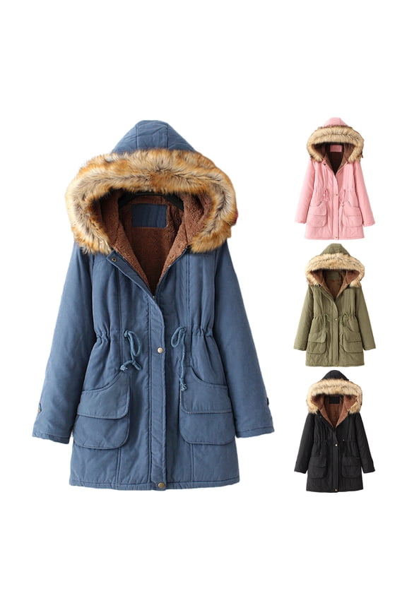 Winter Women Cotton Coat Drawstring Waist Slim Fit Waist Faux Fur Hood Fleece-lined Zip-up Press Button Closure Jacket Windproof Mid Length Outerwear