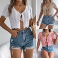 thumbnail image 1 of ZenCart Women Crochet Tops Short Sleeve Lace-up Hollow Design Knitting Tops Sun Protection Summer Vacation Tops, 1 of 8