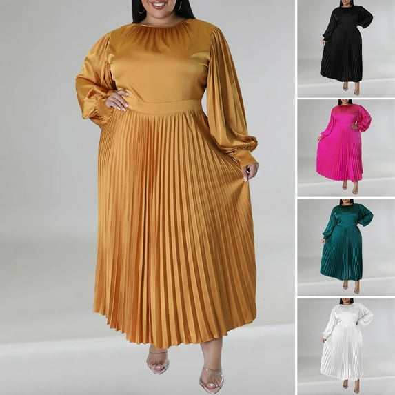 ZenCart Women Dress Round Neck Lantern Sleeve Large Size Maxi Dress High Waist Pleated Hem Smooth Long Dress