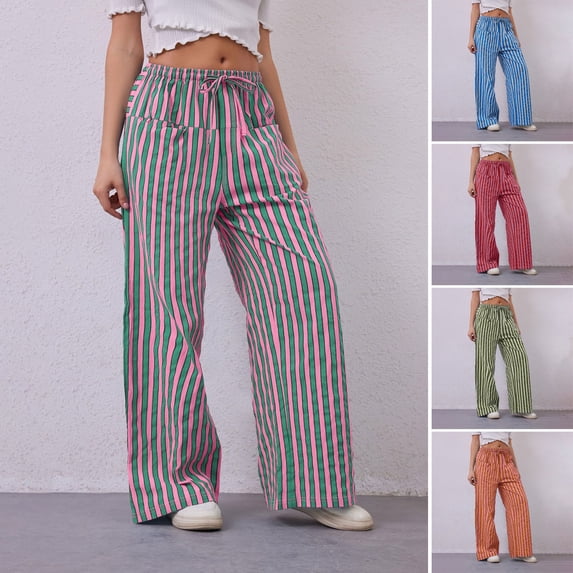 ZenCart Women Long Pants Low-rise Elastic Waist Adjustable Drawstring Casual Trousers with Pockets Loose Fit Wide Leg Pants
