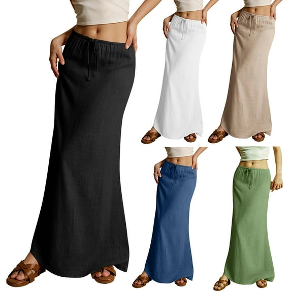 ZenCart Women Maxi Skirt Mid-rise A-Line Drawstring Solid Color Long Skirt Easy to Match Lady Skirt Work Leisure Daily Wear