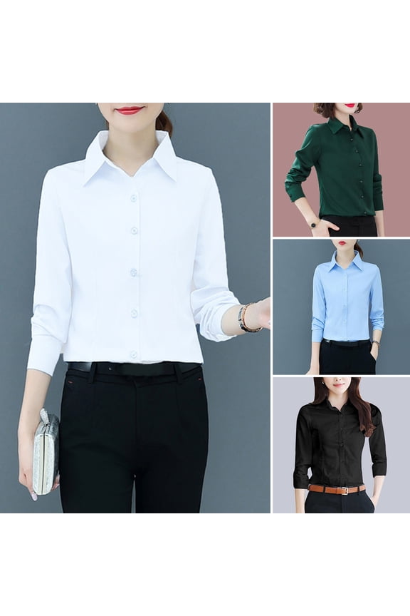 Women Shirt Lapel Long Sleeve Button Placket Shirt Tops Solid Color Slim Fit Business Office Shirt Workwear