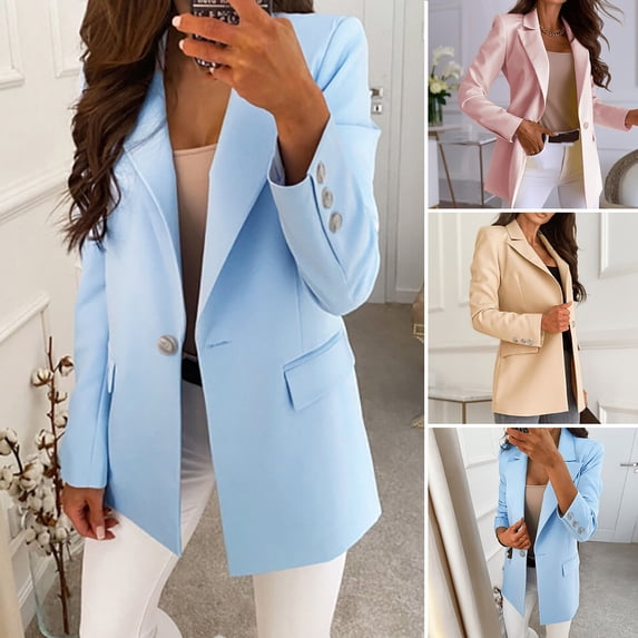 ZenCart Women Suit Coat Lapel Long Sleeve Solid Color Suit Jacket with Pockets Buttons Placket Loose Fit Business Formal Outerwear