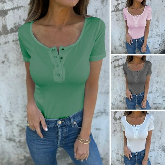 ZenCart Women T-shirt O-Neck Buttons Half Placket Short Sleeve Tee Shirt Solid Color Slim Fit Pullover Tops Daily Wear
