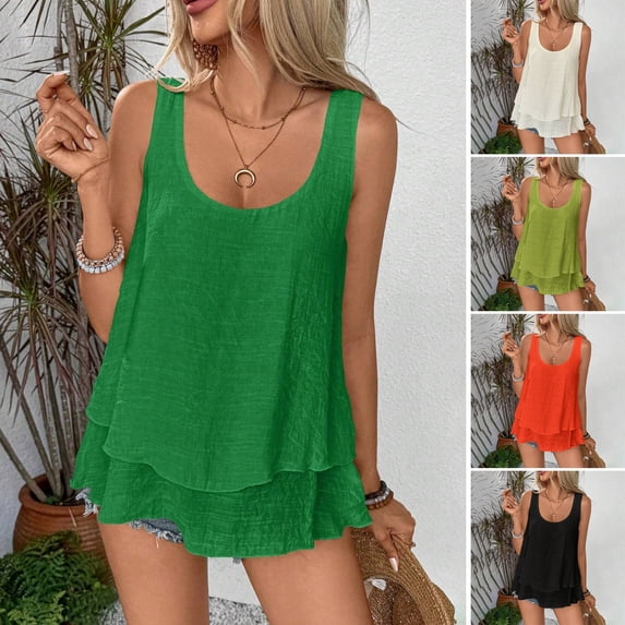 ZenCart Women Tops O-Neck Sleeveless Solid Color Sling Vest Loose Fit Double Layer Cake Hem Pullover Tops Daily Wear